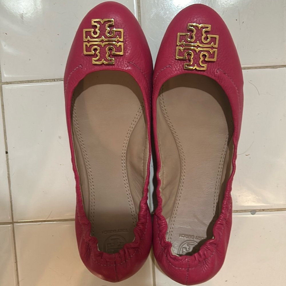 Tory Burch Melinda Carnation Red Pink Leather Ballet Flats Size 11m
